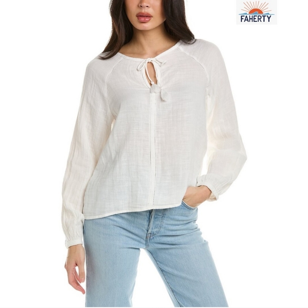 FAHERTY Celina Long Sleeve Organic Cotton White Blouse Medium